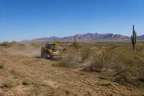 Skid-steer with brush cutter clearing waist-high creosote on a sandy flat outside Yuma, a lone saguaro standing untouched in the distance