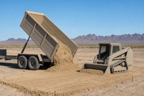 End dump unloading pale sand at the low end of a Yuma desert lot as a skid-steer works it out level