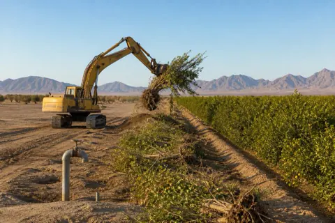 Excavator lifting a spent lemon tree from an old citrus block on Yuma Mesa, grubbed trees windrowed along the row