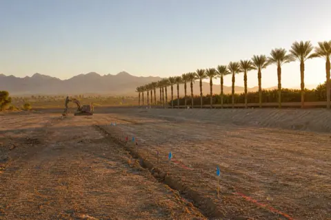 Graded building pad on a Yuma commercial site with utility trench routes marked in paint, a small excavator parked and a preserved date-palm row at the property edge